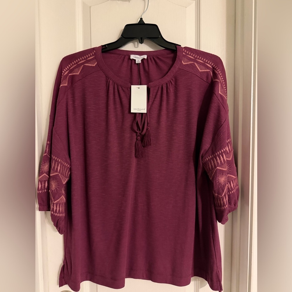 Women's Burgundy Top with Embroidered Sleeves Size-1X